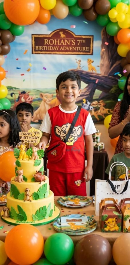 Boy celebrating his birthday in a Lion King themed outfit